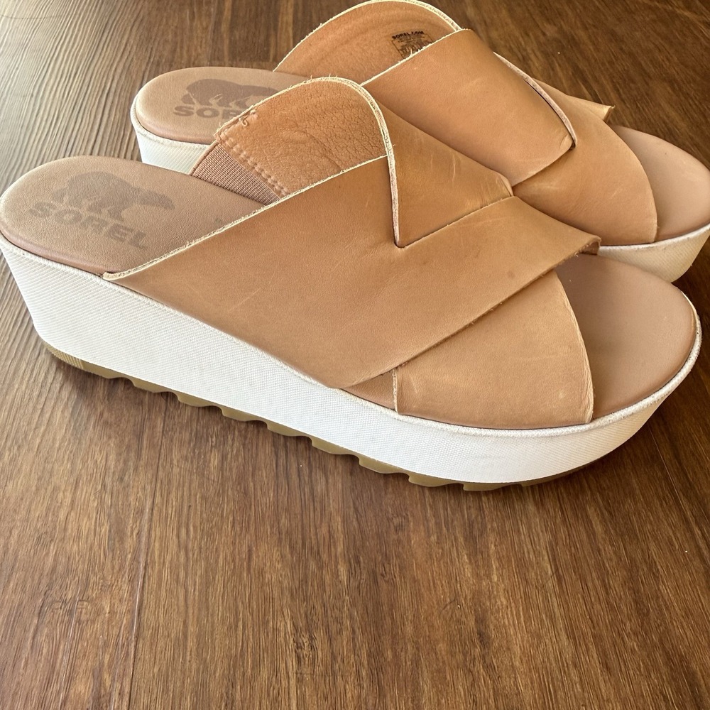 Sorel Cameron Flatform Mule Sandals Womens 6.5 Honest Beige Platform Brown Tan